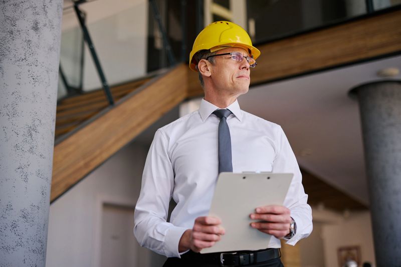 Confident mature architect wearing shirt, tie and hardhat holding clipboard looking away in modern office with wooden staircase, he is planning a new project