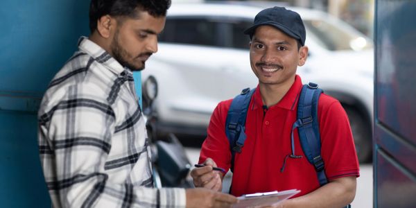 Delivery man getting signature from customer.