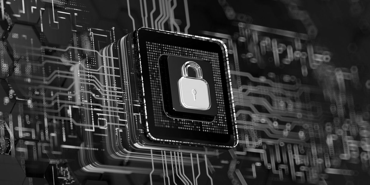 Digital padlock icon on a circuit board symbolizing cybersecurity.