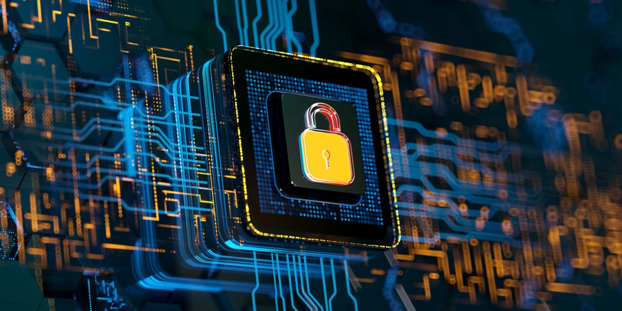 Digital padlock icon on a circuit board symbolizing cybersecurity.
