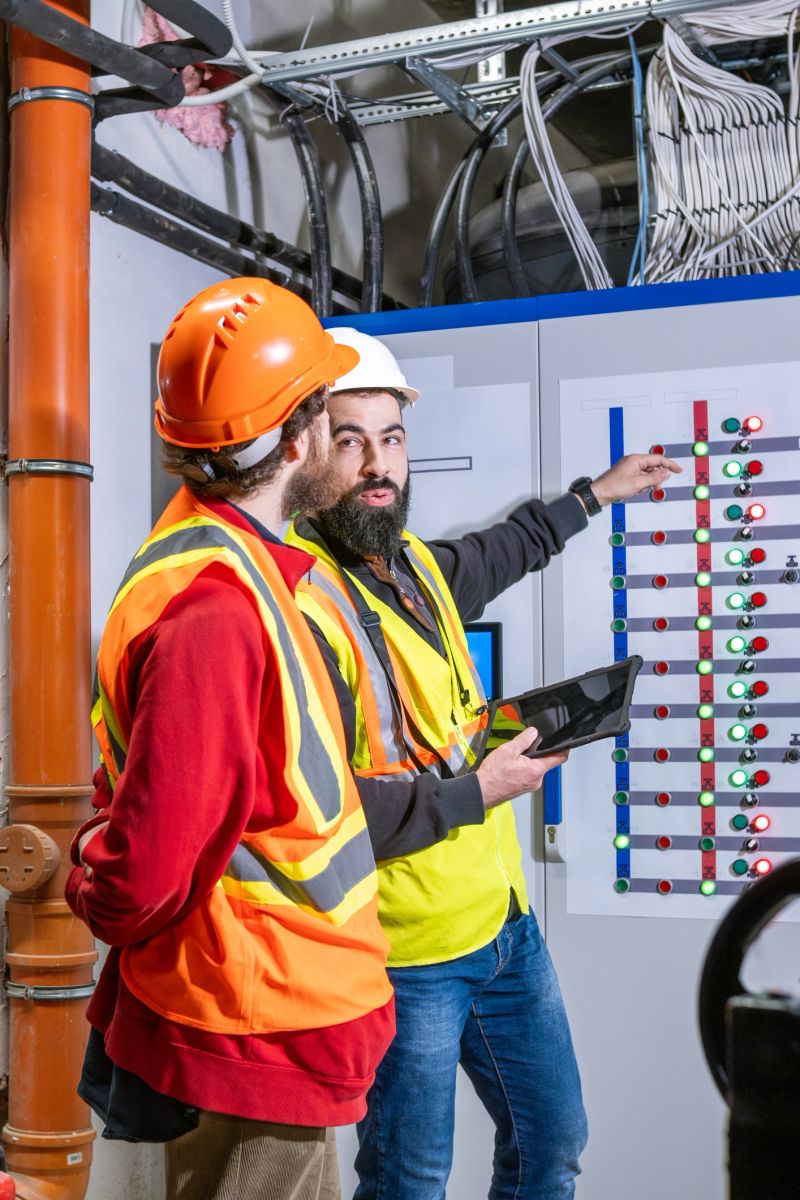 Engineer and technician in the control room for controlling the power of a large building. They are wearing protective clothing and helmets. They are standing in front of the control panel and talking. The engineer is holding a tablet and explaining to the technician details related to his work.