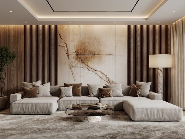 Modern living room with neutral tones and wood accents.