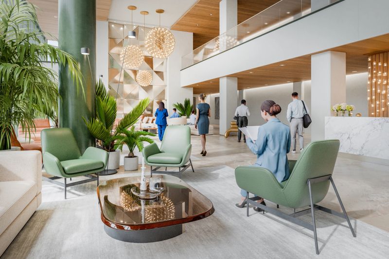 Generic office building lobby with business people. 3D generated image. Images at the far right corner are my own and are just 3D renders as well.