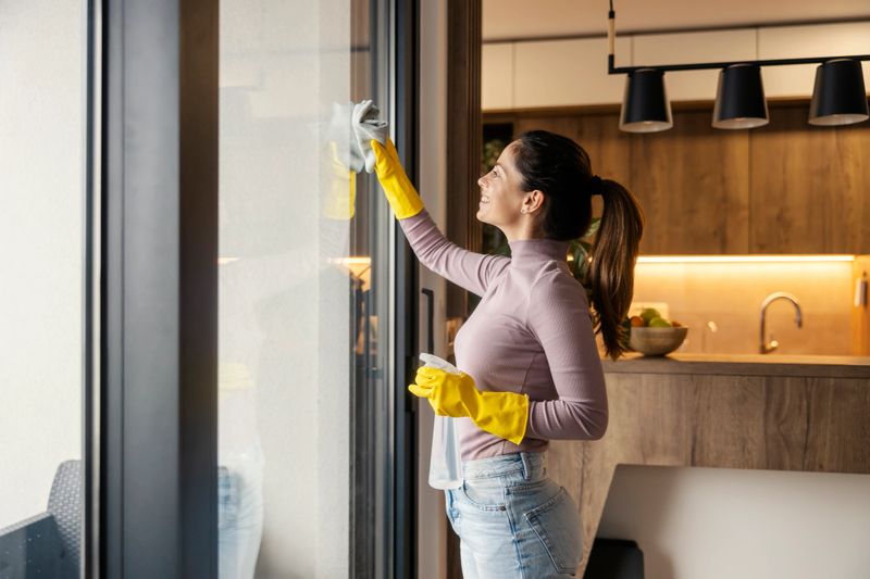 Side view of worthy young woman doing chores at home and cleaning windows with detergent and microfiber cloth.