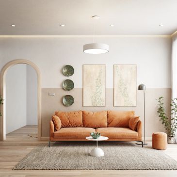 Modern living room with orange sofa and wall art.
