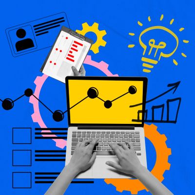 Hands typing on laptop with data and innovation icons around.