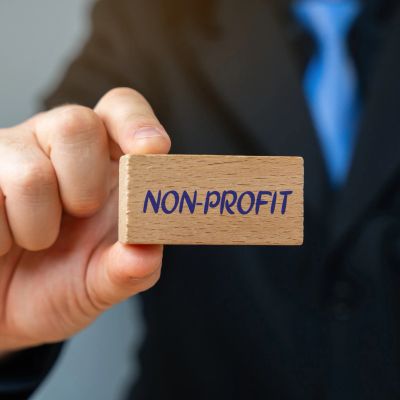 Hand holding a block labeled 'Non-Profit'.