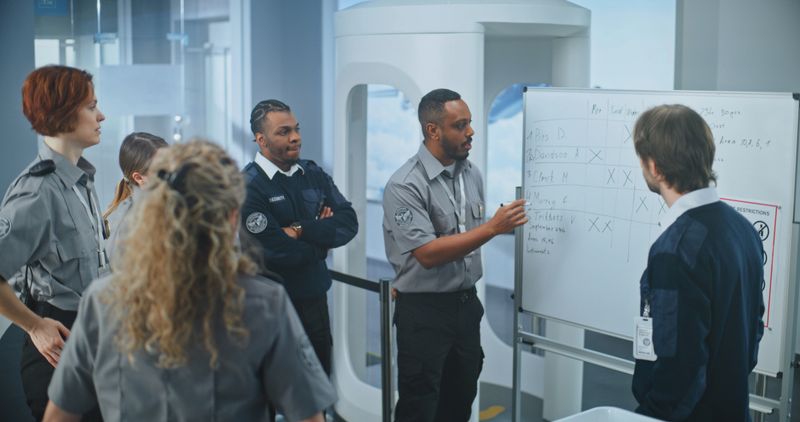 Planning Session with Airport Security Staff: African American Security Officer Holds Briefing, Uses Whiteboard, Instructs Workers About Screening Procedures. Transportation Security Administration.