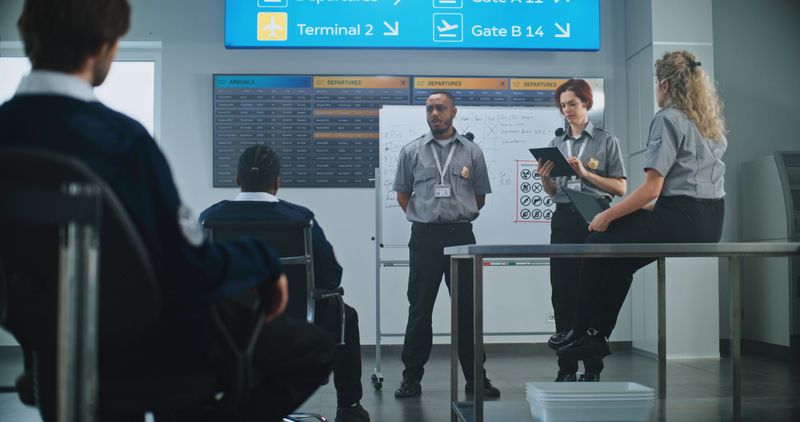 Planning Session with Airport Security Staff: African American Officer Holds Briefing, Instructs Team of Workers with Digital Devices About Screening Procedures. Transportation Security Administration