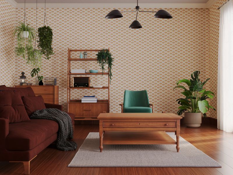 Retro living room with stylish furniture and vintage accessories.