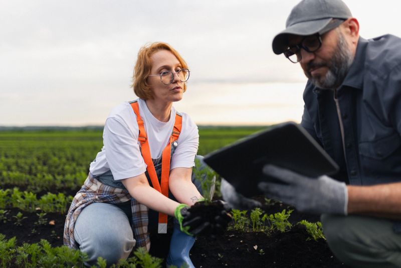 Two individuals analyzing agricultural progress in a field, one with a tablet, emphasizing modern farming practices, plant growth, and collaboration. Represents technology-integrated farming and sustainable practices.