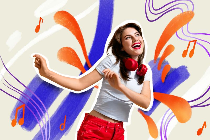 Creative collage image young cheerful woman enjoy party club disco dancer headphones meloman music audio listener drawing background.