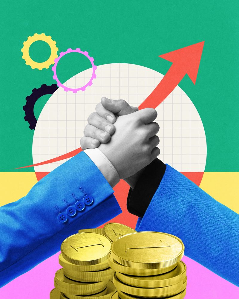 Contemporary art collage. Strong handshake surrounded by financial elements, coins and upward arrow. Economic success, investments, partnership. Concept of business, profit, corporate finance, career