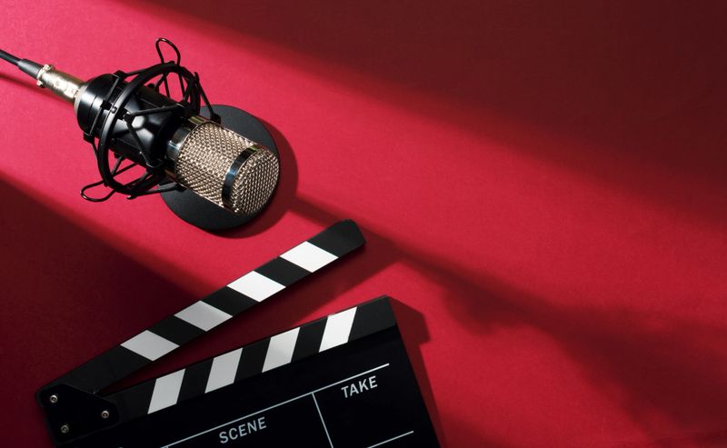 Microphone and clapperboard: movies and cinema livestream podcast, top view