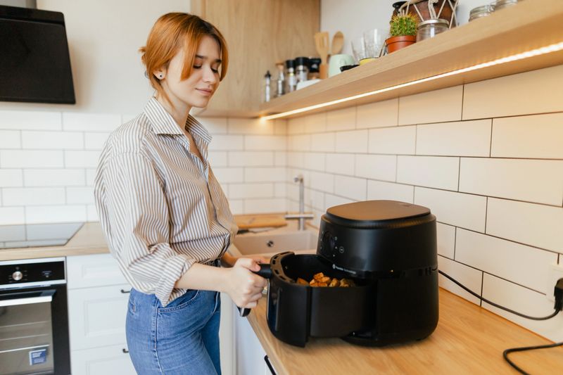 The young woman pulls out a basket of crispy potatoes cooked in air fryer at domestic kitchen. Quick and healthy preparing food concept