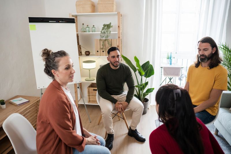 People sitting in a circle sharing their experiences during a support group meeting