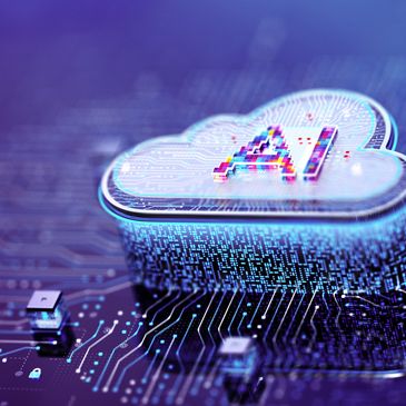 Colorful AI cloud icon glowing on a digital circuit board background.