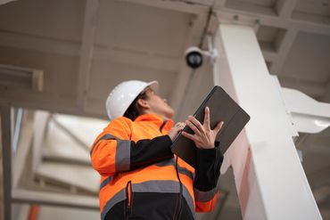 Engineer in a hard hat inspecting a structure using a tablet.