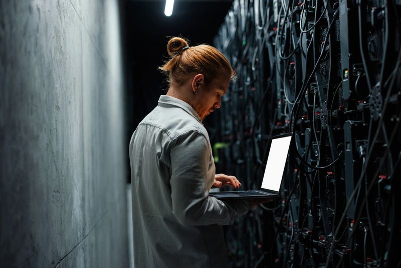 Young IT specialist working on a laptop while configuring hardware in a modern server room filled with advanced technology and equipment