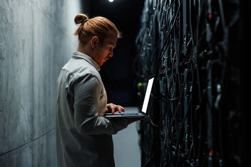 Young man working intently on a laptop in a dimly lit server room, monitoring systems and troubleshooting potential issues