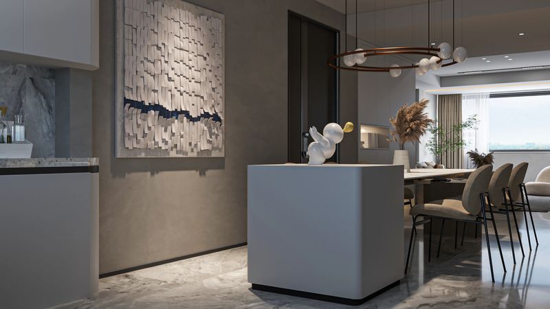 Modern Open Concept Dining and Kitchen with Abstract Art, Sculptural Centerpiece, and Designer Chandelier