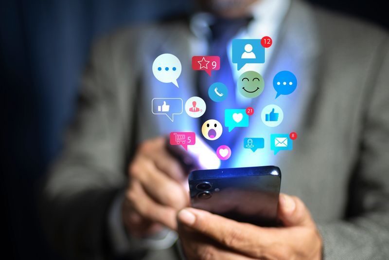 Social media and Marketing virtual icons screen concept. man hand using smartphone Login to the online network Use social media to do business and marketing.