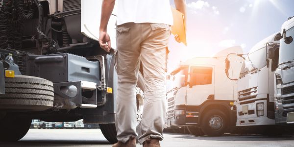 Man inspecting large trucks in a parking area.