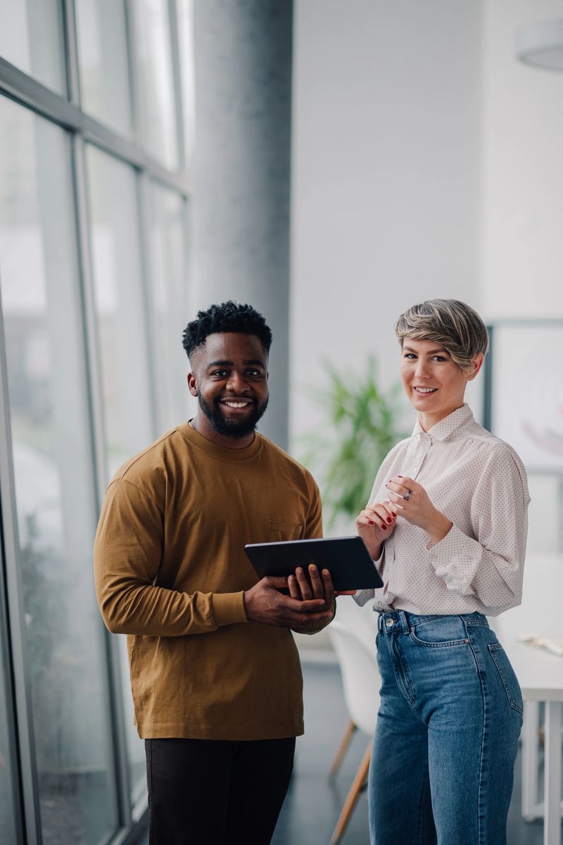 Two young professionals are discussing a project, using a digital tablet in a modern office setting