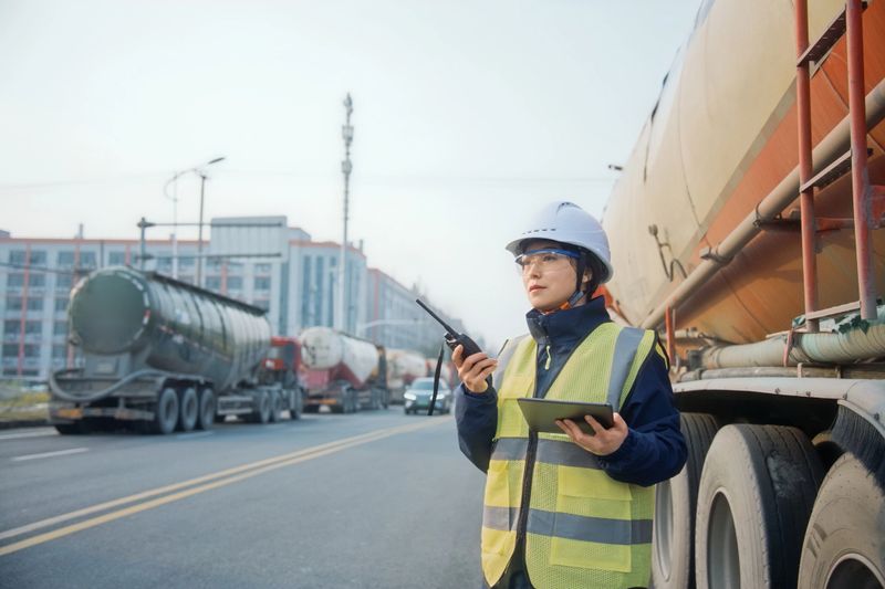 An Asian woman is holding a tablet computer beside an oil tanker.