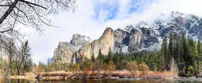 Photo of Yosemite Park with snow-capped mountains in the background
