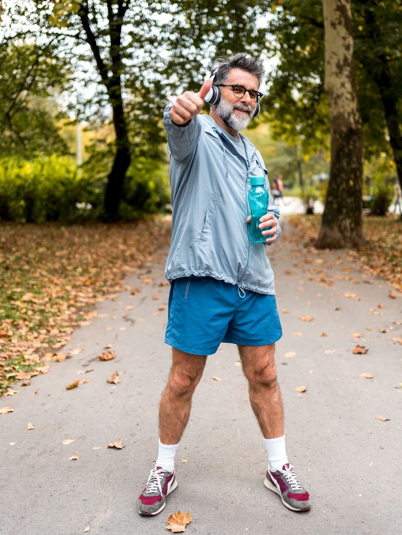 Portrait of a smiling mature man in sports clothing showing thumb up in the park