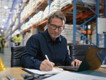 Man working at a desk in a warehouse with laptop and documents.