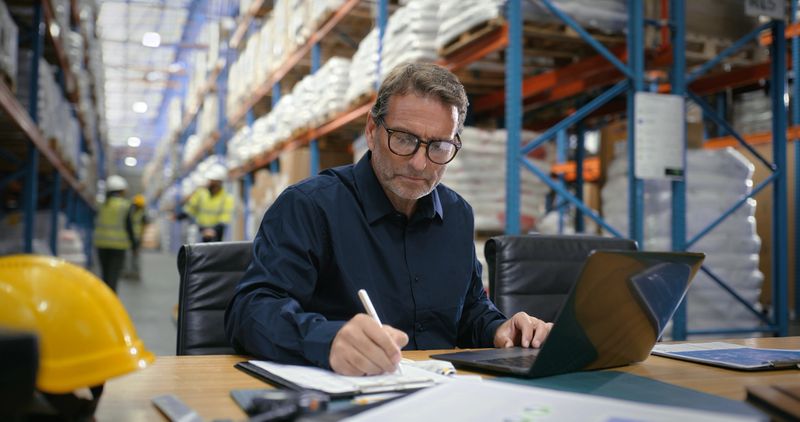 Laptop, writing and logistics with man in warehouse for shipping dispatch, inventory checklist and cargo. Supply chain, delivery route and ecommerce with mature person in factory for courier label