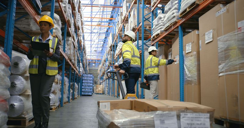 People, trolley and boxes in warehouse of distribution services, storage management and logistics. Staff, inspection and packages port of supply chain, stock delivery and inventory loader of industry