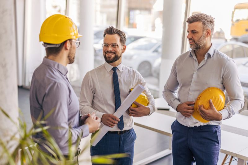 Three male architects and engineers are discussing blueprints and plans in a modern office, collaborating on a construction or renovation project