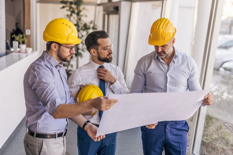 Three male engineers and architects are carefully examining blueprint plans in a well-lit office environment, discussing project details and ensuring accuracy