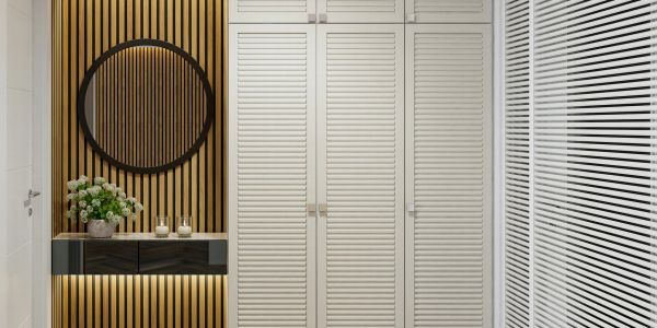 Modern hallway with cladded wooden wall and mirror.