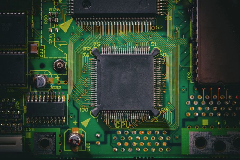 Computer circuit board top view. CPU, central processing unit, electronic components and wiring