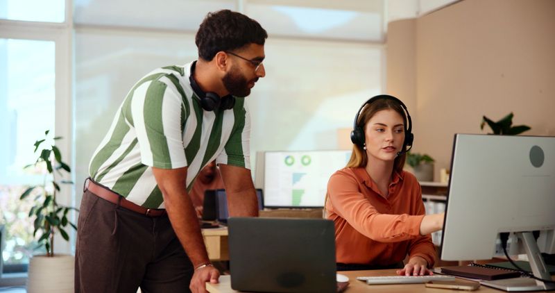 Agent, manager or woman in customer service training, telecom or online support internship. Coaching, lead generation or virtual assistant on computer for inbound sales, call center help or question