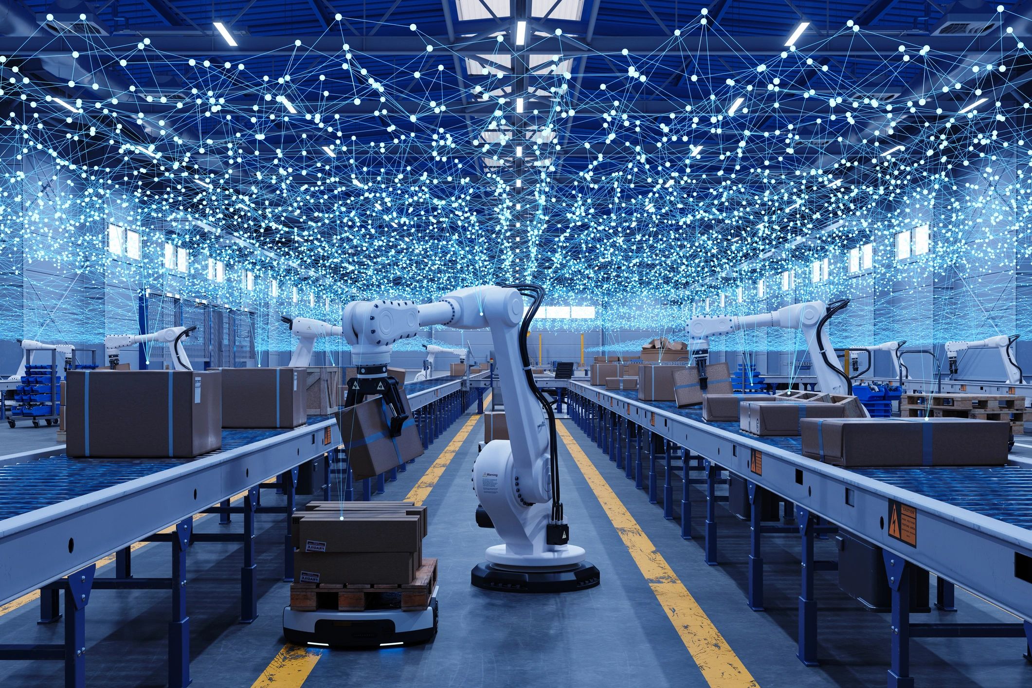 Automated robotic arms sorting packages in a smart warehouse with digital network overlay.