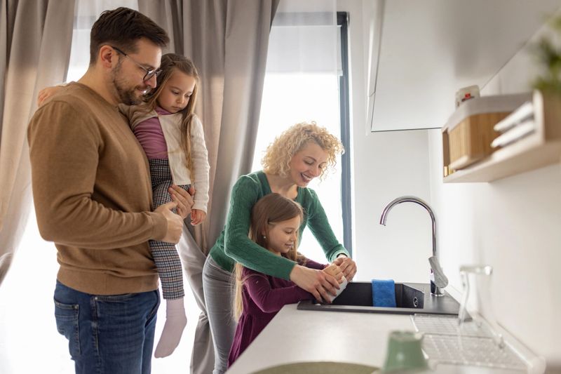 A joyful family shares a playful moment while cooking together, showcasing love, care, and togetherness in a bright and modern kitchen environment.