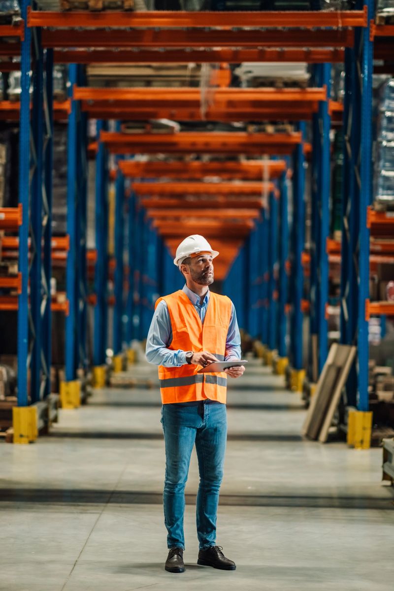 Warehouse manager using digital tablet and controlling inventory in large distribution center