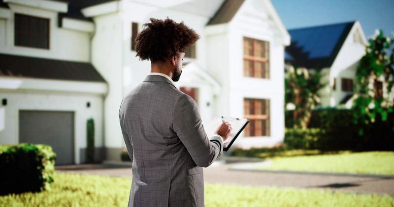 African American Real Estate Agent inspecting house for appraisal.