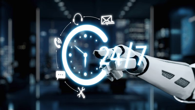A futuristic robot hand interacts with a glowing digital clock display symbolizing 24-hour service and support in a modern business setup, emphasizing technology and innovation. Auvana