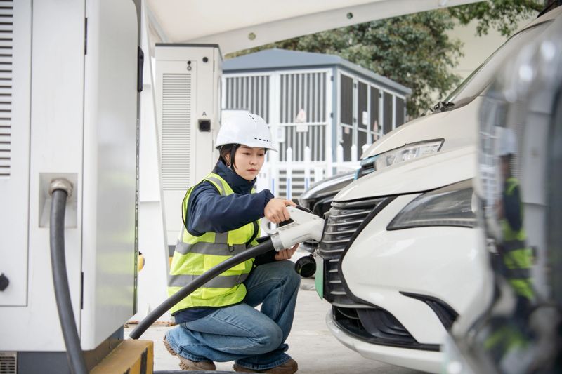 Asian female engineers working with digital tablet at the electric vehicle charging station.