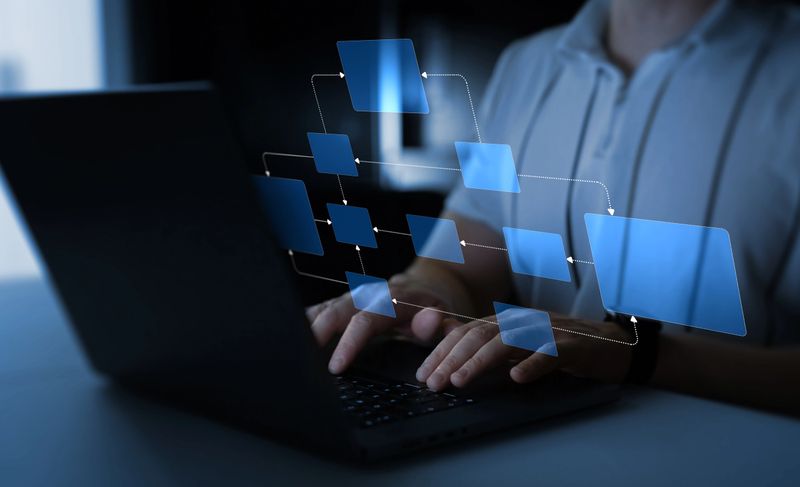 Digital technology of business process and workflow automation with flowchart and processing management.Scheme hierarchy management of corporate