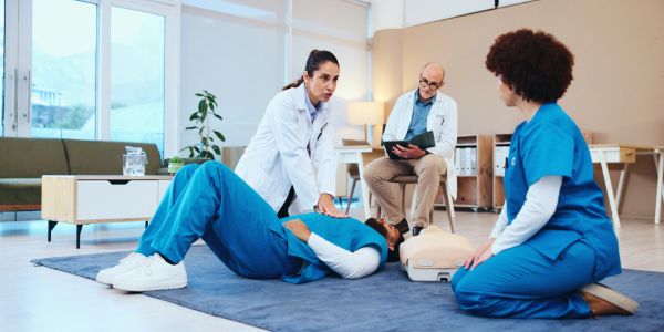 Medical professionals practicing CPR on a mannequin.