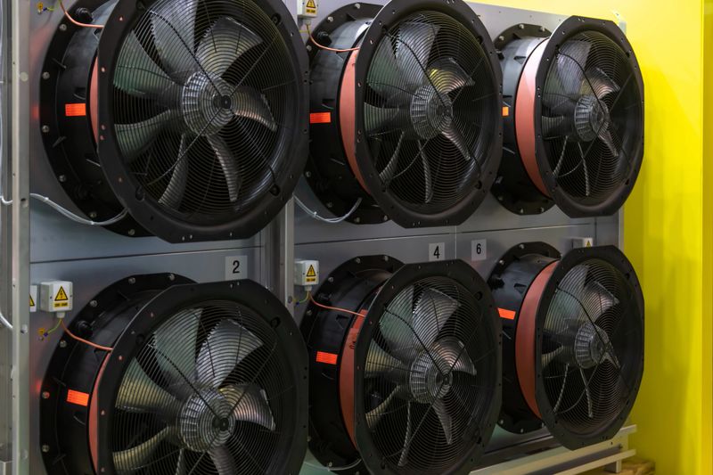 Several large industrial fans are mounted on a wall in a facility. These fans are designed for cooling and ventilation, enhancing air circulation in the space.