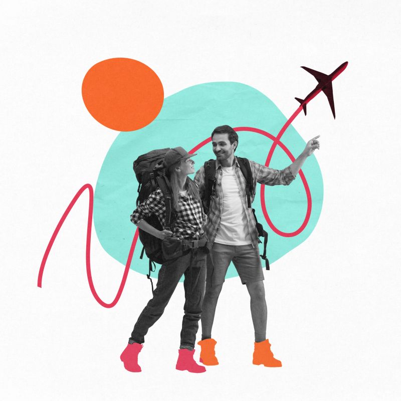 Couple with backpacks smiling and pointing at sky with airplane flying above abstract travel elements. Contemporary art collage. Adventure, journey, exploration, vacation, backpacking, travel concept