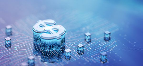 3D dollar sign on a digital circuit board representing financial technology.